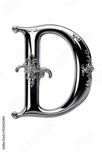 Vector illustration of a decorative capital letter D in glossy chrome with fleur-de-lis accents and vintage baroque flourishes. Perfect for premium branding, wedding monograms, and noble style design.