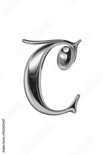 Vector illustration of a calligraphic capital letter C with smooth metallic chrome texture and elegant swirling shape. Ideal for wedding monograms, branding, packaging, and luxury design.