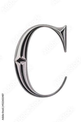  Vector illustration of a stylized capital letter C with faceted chrome design, metallic sheen, and elegant curvature. Ideal for luxury branding, monograms, logos, and high-end visual identity.