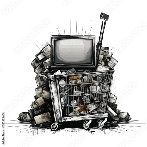Professional Black and White Shopping Cart with Television Add to Cart Concept
