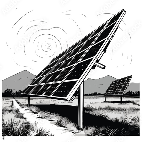 Black and White Solar Panels and Sun Vector Illustration for Renewable Energy Concepts