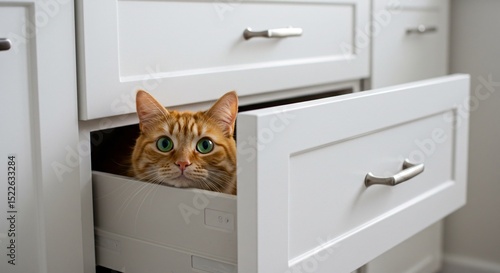 Curious Orange Cat Hiding in a White Drawer
