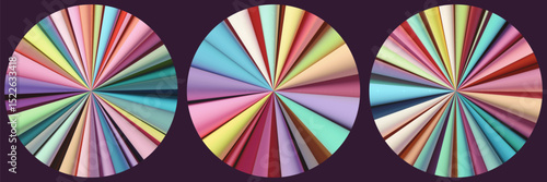 Set of bright elegant circular elements made of softly blended pastel colored rays converge towards the center. Circular starburst forms made of layered folded fabric designed in calming tones. Vector