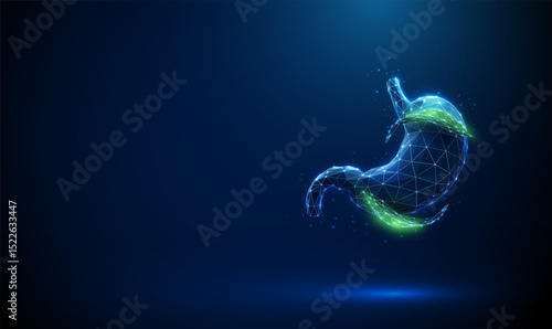 Abstract blue human stomach with green leaves outside. Natural healing and digestive health concept.