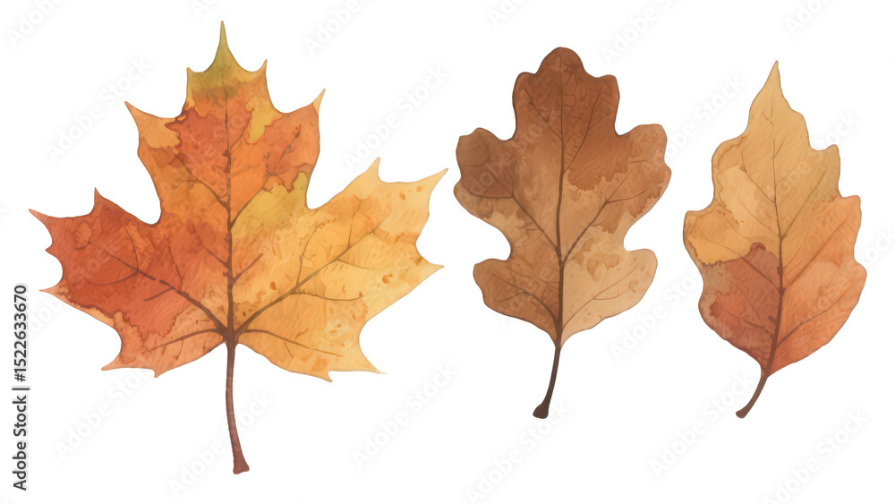 Three autumn leaves, isolated on transparent background, showcasing warm oranges and browns Three autumn leaves, isolated on transparent background, showcasing warm oranges and browns