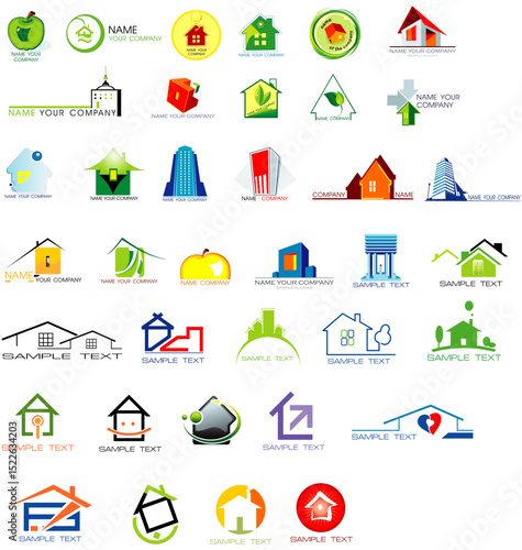 Diverse Real Estate Emblem Collection: A captivating assortment of house-themed emblems, showcasing various architectural styles and designs.