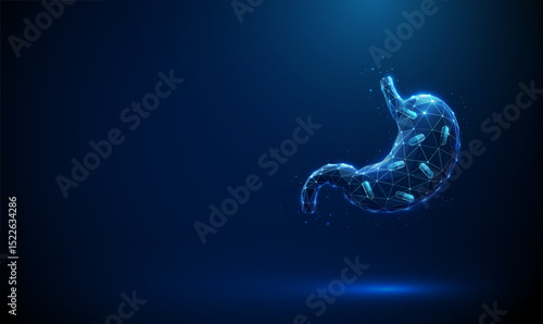 Abstract blue human stomach with capsules inside. Medication therapy for gastric health.