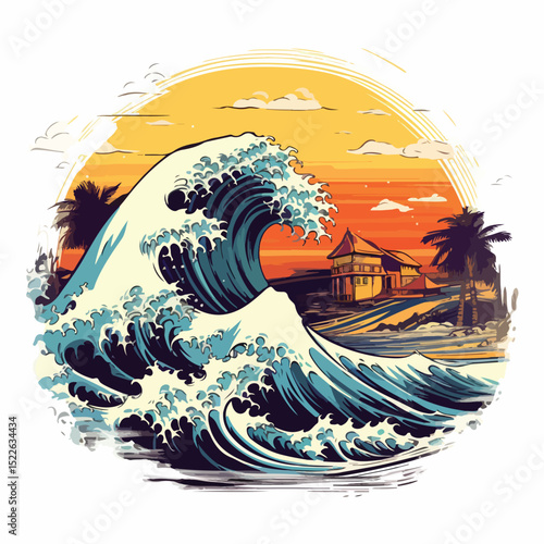 Powerful Tsunami Natural Disaster with Massive Wave Isolated on White Background