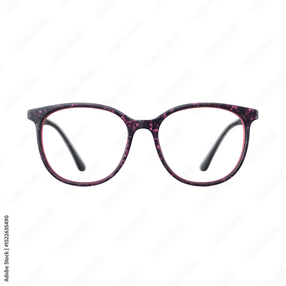 Fototapeta premium Stylish pair of purple cat-eye glasses with a distinctive pattern, isolated on a white background. Perfect accessory for a fashionable look.