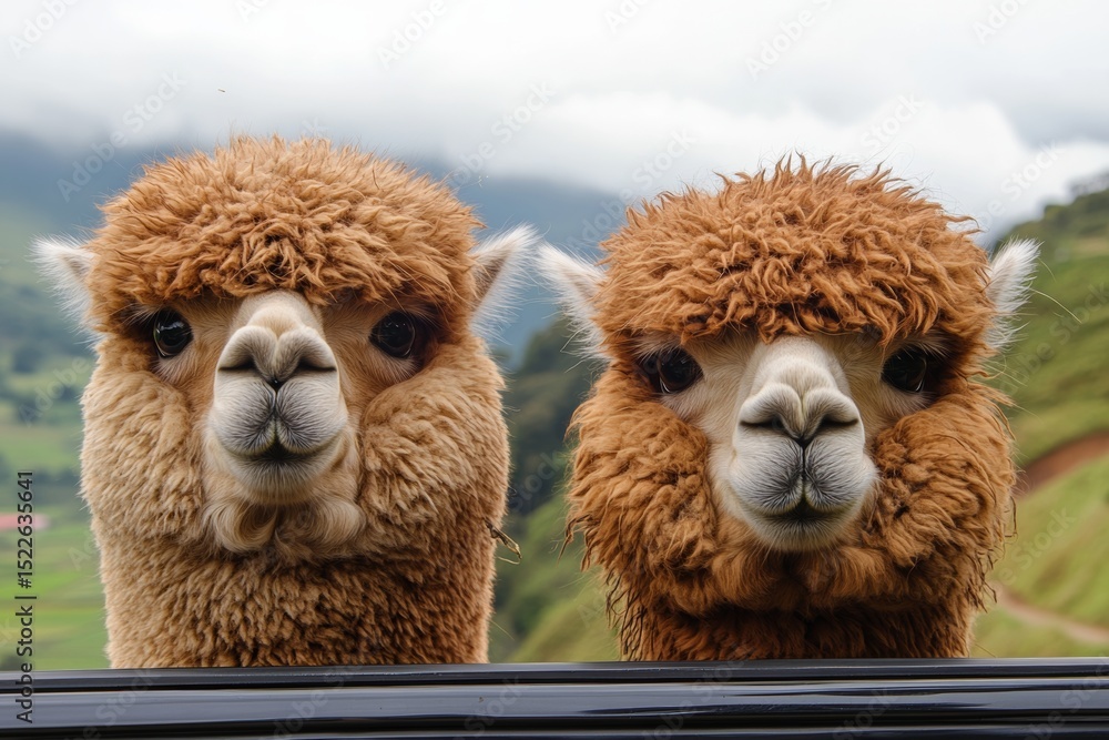 Fototapeta premium selective focus, curious alpacas in truck on mountain road