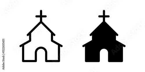 Church icon. Religious building with cross and arched doorway sign. Christian worship and spiritual symbol. Sacred temple and prayer place pictogram. Faith architecture illustration.