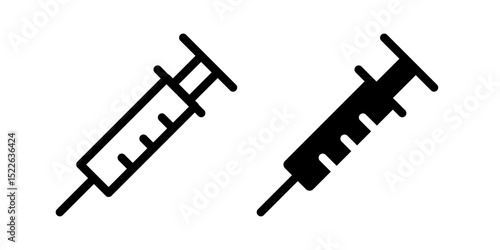 Syringe icon. Medical injection tool with needle sign. Vaccine, immunization, and treatment symbol. Healthcare and prevention pictogram. Hospital and doctor equipment illustration.
