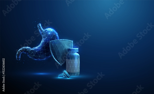 Blue human stomach behind a protective shield with medicine bottle, capsules in front Concept of gastric protection, medical treatment, digestive health support