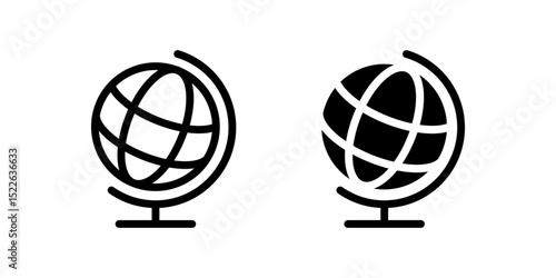 Globe icon. Spherical world map on stand sign. Geography, global learning, and international travel symbol. Planet earth for education and navigation pictogram. School map illustration.