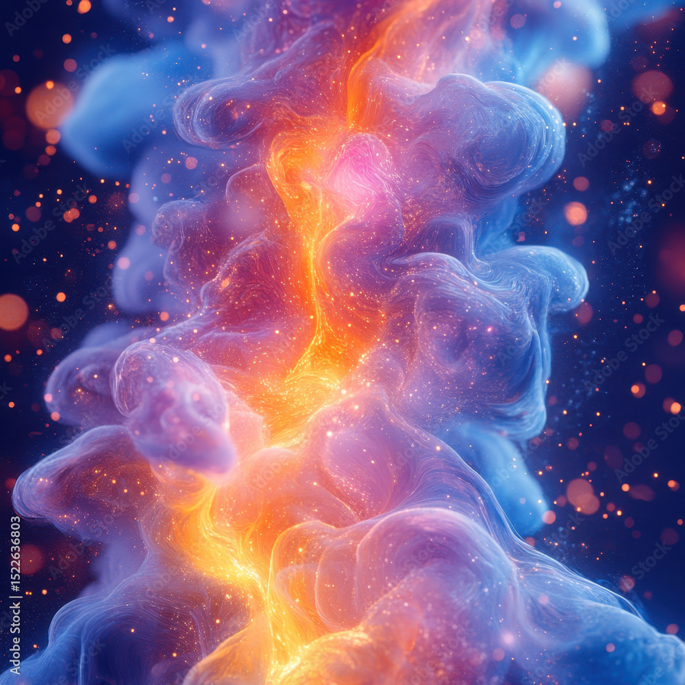 Obraz premium Colorful smoke cloud against vibrant orange and blue background.