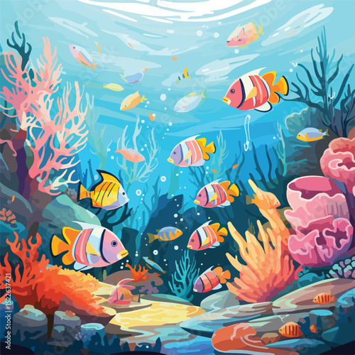 Vibrant Sealife Scene with Colorful Fishes in Underwater Environment Vector Illustration