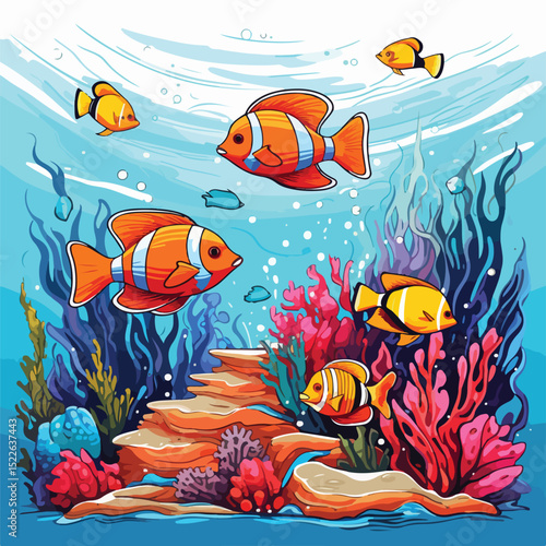 Mesmerizing Sealife Scene with Colorful Fishes Vector Illustration for Design Projects