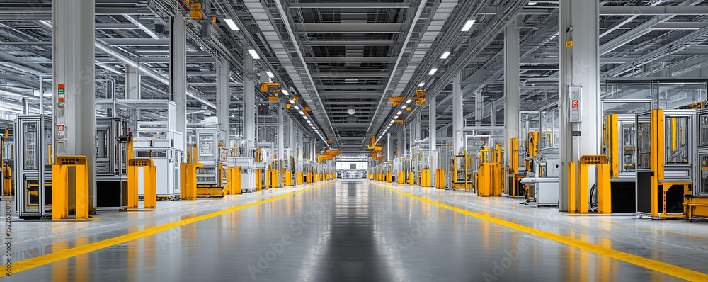 Fototapeta premium Automated assembly machines in long corridor with safety lights
