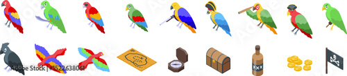 Pirate parrot icons set. Colorful isometric pirate parrot icons showing treasure map, compass, chest, rum bottle, gold coins and jolly roger flag
