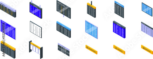 Arrival airport board icons set. Isometric set of airport timetable icons showing arriving and departing flights, delays, and baggage claim