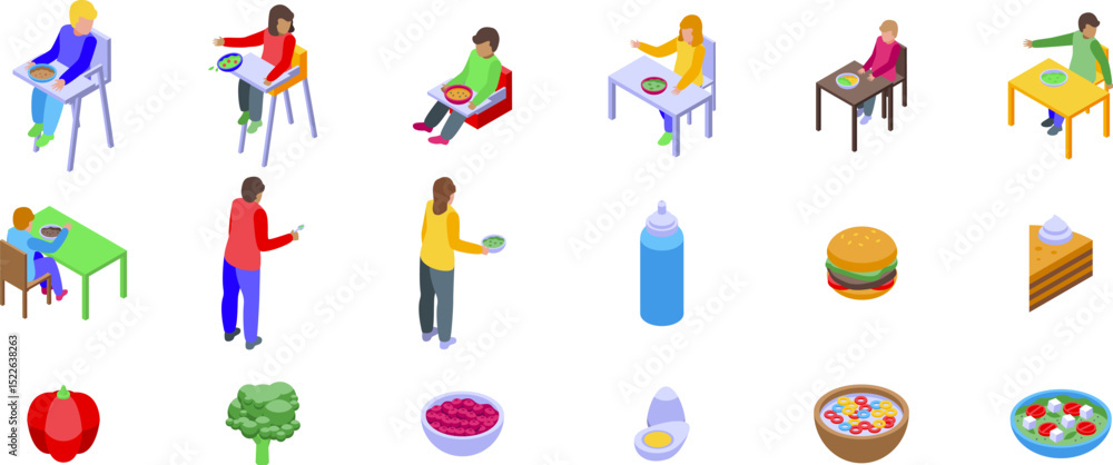 Fototapeta premium Child refuses eat icons set. Children enjoying nutritious meals in various settings, promoting healthy eating habits from a young age