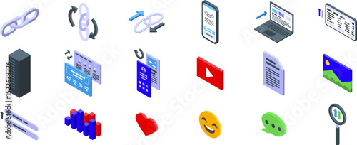 Backlink icons set. Backlink building isometric icons showing strategies for generating online traffic and increasing website ranking
