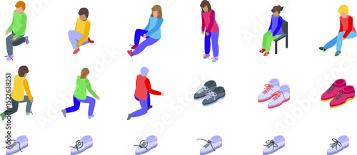 Children learn tie shoelaces icons set. People tying their shoelaces while sitting, standing, and kneeling, along with various footwear icons, showcasing diverse ways of fastening shoes