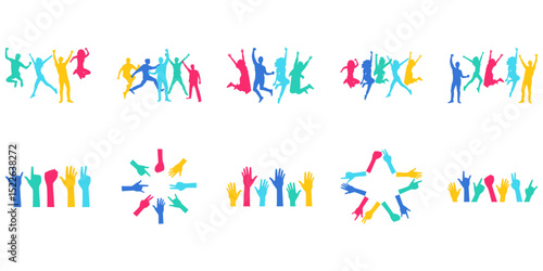 Set of youth day silhouette. Happy youth day of diverse teen friend group. Vector isolated.