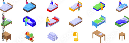 Children making bed icons set. Housekeeping staff performing bed making, arranging pillows, blankets, and furniture in isometric view