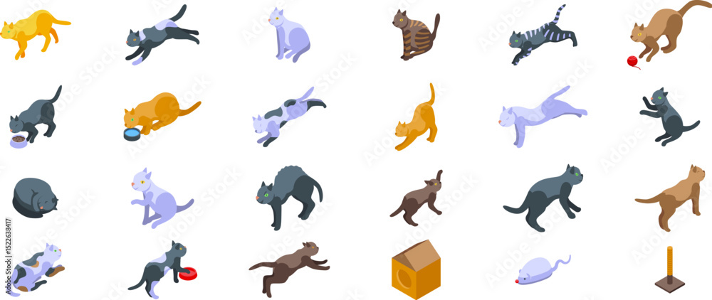 Behavior cat icons set. Cats doing different activities like sleeping, eating, playing, running, and stretching, isometric icons set Behavior cat icons set. Cats doing different activities like sleeping, eating, playing, running, and stretching, isometric icons set