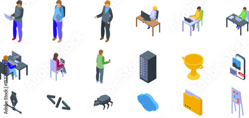 Hackathon icons set. Programmers and developers working, using computers, networks, cloud and other technologies to create software