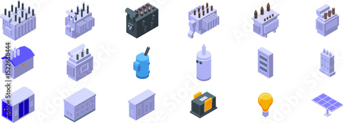 Transformer energy icons set. Isometric icons representing various types of electric transformers and related equipment, highlighting power distribution infrastructure