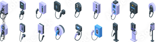 Electric car wall charger icons set. Diverse set of ev charging stations showcasing various designs and technologies for powering electric vehicles