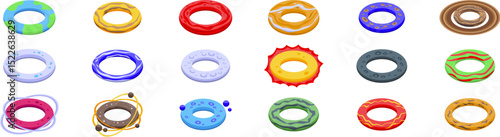 Donut planet icons set. Set of colorful torus icons representing various concepts, from simple geometric shapes to planets and abstract designs, all in isometric view