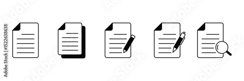 Document icon set. Document with pen, search symbol.