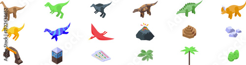 Dinosaur park icons set. Isometric icons representing various dinosaur species, park elements like entrance arch and observation tower, and prehistoric nature elements