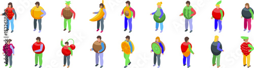 Party costumes fruits icons set. People wearing giant fruit costumes such as watermelon, banana, pineapple, kiwi, orange, apple, strawberry, raspberry, cherry, coconut, avocado, blueberry isometric