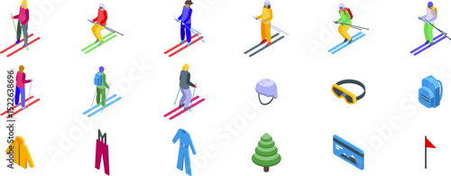 Girl walking ski icons set. People skiing downhill, wearing winter sportswear, using ski poles, and enjoying winter sports with various equipment and accessories