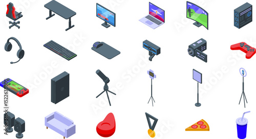 Gamer room interior icons set. Isometric icons showcasing gaming setup, streaming tools, and leisure items, creating a complete gamer room environment