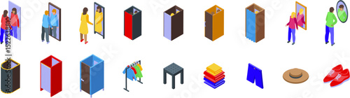 Fitting room icons set. Isometric icons depicting shopping and dressing room activities