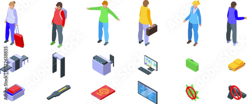Luggage screening icons set. Passengers undergoing security checks, presenting boarding passes, and luggage being scanned on a conveyor belt at the airport
