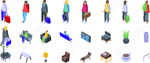 Airport waiting area icons set. Airport terminal isometric icons showing passengers walking, waiting for their flights, and relaxing