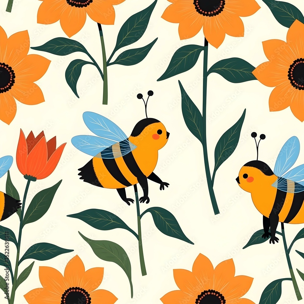 Seamless pattern of cute little bees and sweet flowers Seamless pattern of cute little bees and sweet flowers