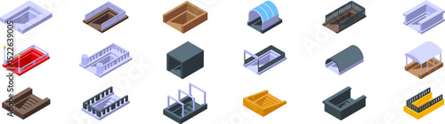 Underpass icons set. Collection of underground passage entrances and exits, featuring various designs with stairs, railings, and coverings