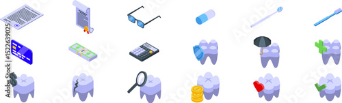 Dental insurance icons set. Dental insurance protecting teeth, offering financial coverage and facilitating access to medical treatment, ensuring healthy smiles