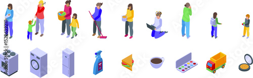 Tired mother icons set. Mothers engaging in childcare, household chores, remote work, and leisure pursuits, showcasing diverse aspects of modern motherhood