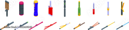 Hair curler icons set. Collection of isometric hair styling tools including curling irons, straighteners, crimpers, and brushes, offering various options for achieving desired hairstyles