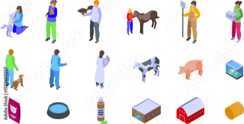 Animal welfare icons set. Veterinarians, farmers, and pet owners providing care for various animals, highlighting the importance of animal welfare across different settings