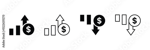 Business money increase and decrease icon set. Rise cost symbol.
