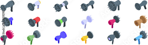 Hair diffuser icons set. Hair dryer diffuser icons set isometric vector. Styling hair diffuser. Modern hairdressing